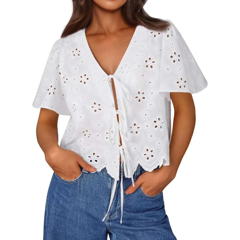 Womens Cotton Tie Front Top Summer Blouse Loose Fit Casual Beach Vacation Wear